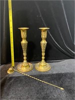 PAIR OF BRASS CANDLE HOLDERS AND SNUFFER