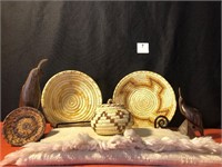 4 Native American Baskets, Ironwood Figurines +