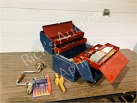 Metal tool box w/ brace & misc