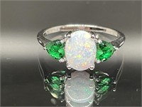 Sterling Silver Ring White Opal and Green Stones
