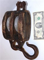 Antique Wood & Steel Block Tackle Double Pulley