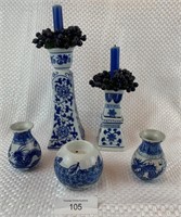 Lot of Blue Candlestick Holders w/ Vases