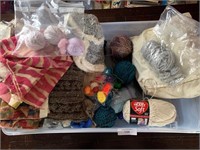 Large Assortment of Yarn and Crochet in Clear Tub