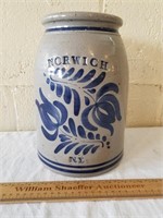 Norwich NY Blue Gray Decorated Crock 10" H