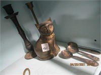 Brass Cat,Candlesticks & Silverplate Baby Spoons