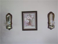 Pair of Wall Sconces and Oil on Board Signed by