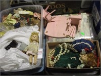 2 TRAYS DOLLS, CLOTHING AND FURNITURE