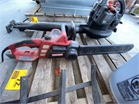 Pallet w/fireplace log holder, electric chainsaw,