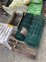 Pallet w/Woven Wire Fencing, Plastic Stools,