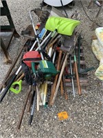 Pallet w/Long Handles Tools, Weedeater, and More