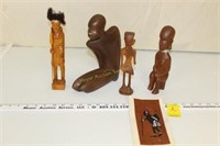 3 Carved, 1 Ceramic & 1 Leather African Art Pieced