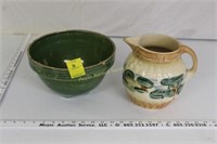 Vintage Pottery Cream Pitcher & Green Bowl
