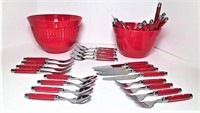 Red Plastic Bowls & Flatware with Red Handles