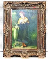 Pastoral Oil on Canvas in Highly Ornate Frame
