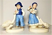 Pair of Glazed Ceramic Boy & Girl with Geese
