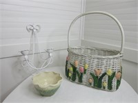Vintage Tulip Basket, Wall Sconce & Pottery Bowl