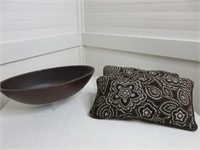 Two Isaac Mizrahi Pillows & Decorative Wood Bowl