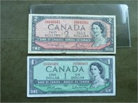 Canada 2 billets 1954 1 et 2 dollars