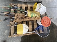 Pallet w/Fishing Supplies, Poles, Nets, and Worm