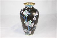 Vintage Black Cloisonne Vase with Flowers