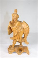 Vintage Wood Carved Asian Fisherman with Fish