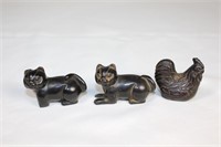 Trio of Carved Figurines - 2 Cats & Chicken