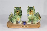 Pair of Green Foo Dogs Mounted on Wood Board