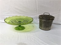 old tin food mold/ green glass cake plate