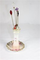 1910s R&S Porcelain Hat Pin Holder w/pins