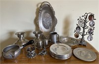 Pewter lot with candleholders, serving tray,