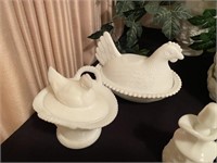 Covered Milk Glass Candy Dish Hens (2)