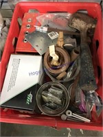 RED CRATE--NAILS, SCREWS, HINGES, HAMMER, MISC