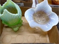 2 opalescent type glassware: vase & dish