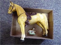 Vintage hard plastic horse w/ saddle & ceramic hor