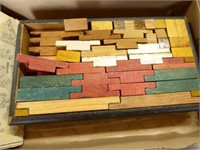 Vintage building blocks in wood box