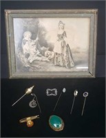 Antique Jewelry Box With Antique Stick Pin And