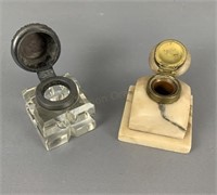 2x Vintage Glass And Marble Inkwells