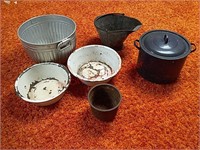 Enamel bowls, canner, ash bucket, etc