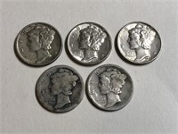 Lot of 5 Silver Mercury Dimes