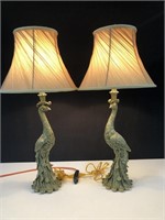 TWO PEACOCK LAMPS WITH BEIGE SHADES