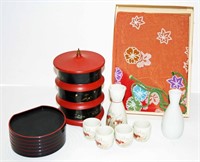 Oriental Stacking Bowls & Saki Set Lot