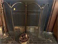 BRASS FIRE SCREEN AND TIN BOX OF PINE CONES