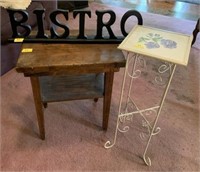 PINE SIDE TABLE, WROUGHT IRON PLANT STAND AND
