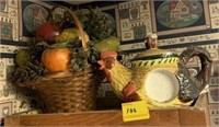 CERAMIC ROOSTER TEA POT AND BASKET WITH