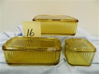 3 Amber Depression Refrigerator Jars w/ Lids