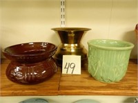 McCoy Vase, Brown Pottery Spittoon & Brass Style -