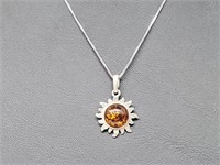 .925 Sterling Silver Amber Sun Pendant & Chain
