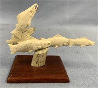 Moose antler of school of salmon on wood base 5.5"