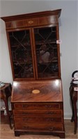INLAID DROP FRONT SECRETARY WITH TOOLED LEATHER