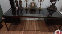 4 DRAWER GLASS TOP 2 PC DESK WITH BRASS ACCENTS,